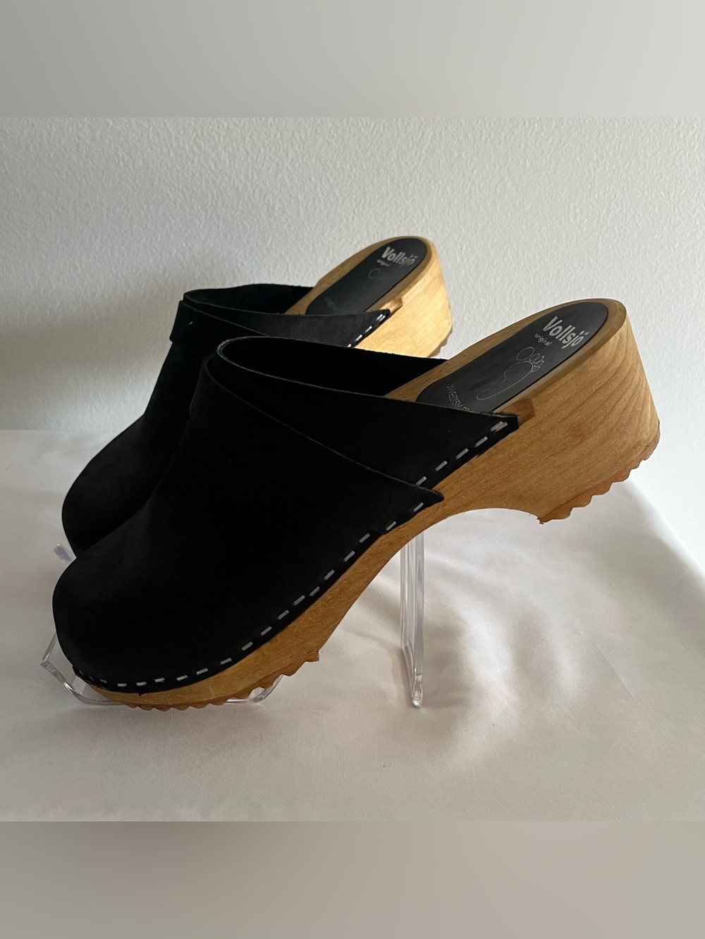 Black Suede Clog Mules with Wood Platform